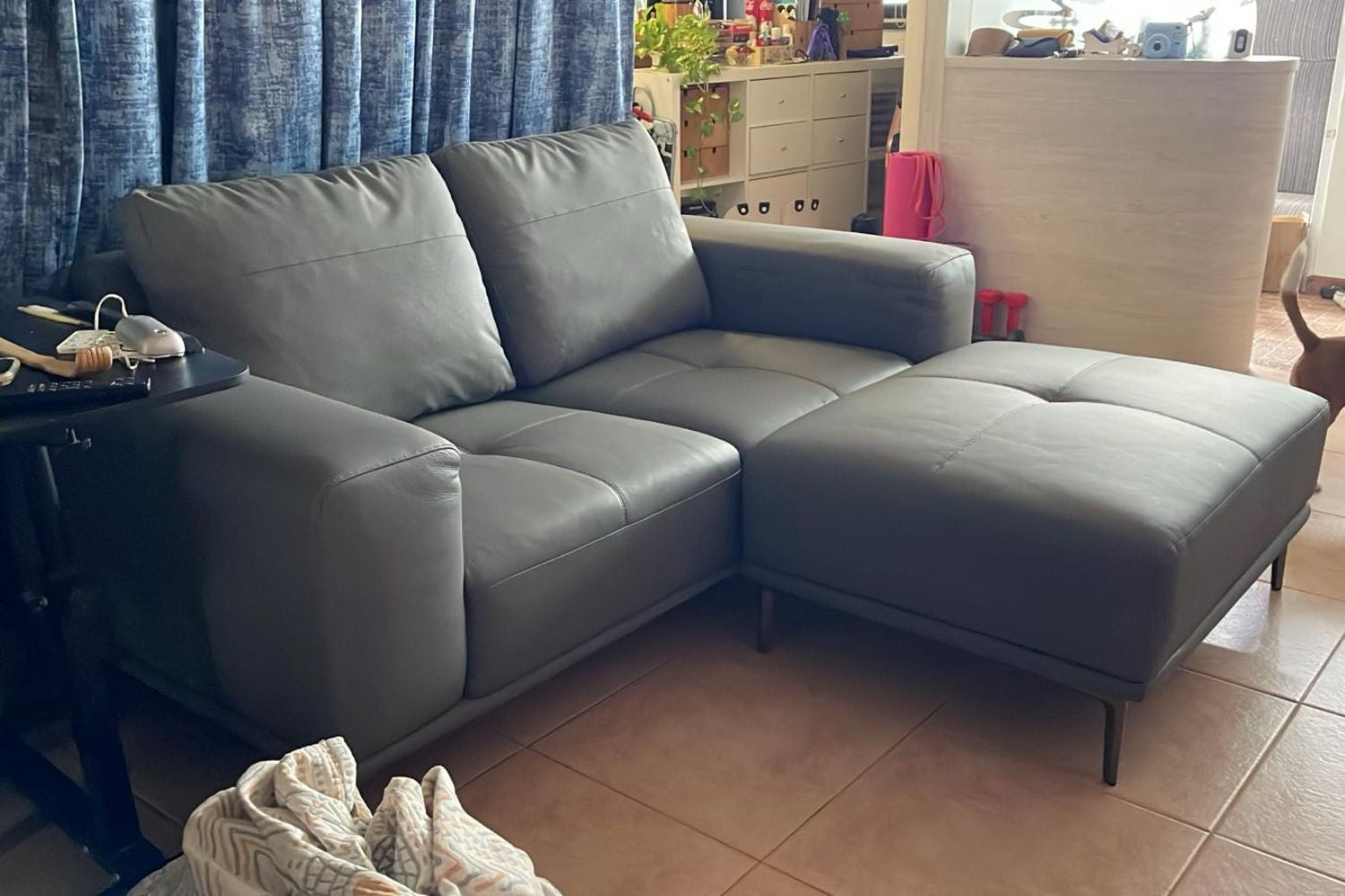 Calm 2 seater grey half leather sofa with matching ottoman
