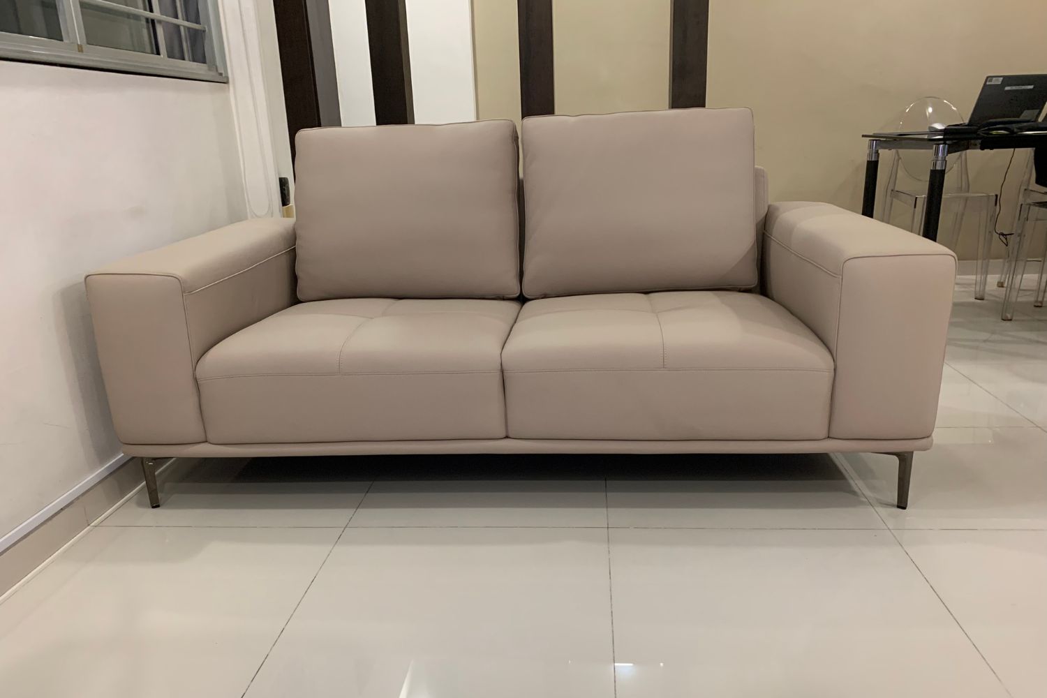Calm 190cm beige half leather sofa in real customer's home