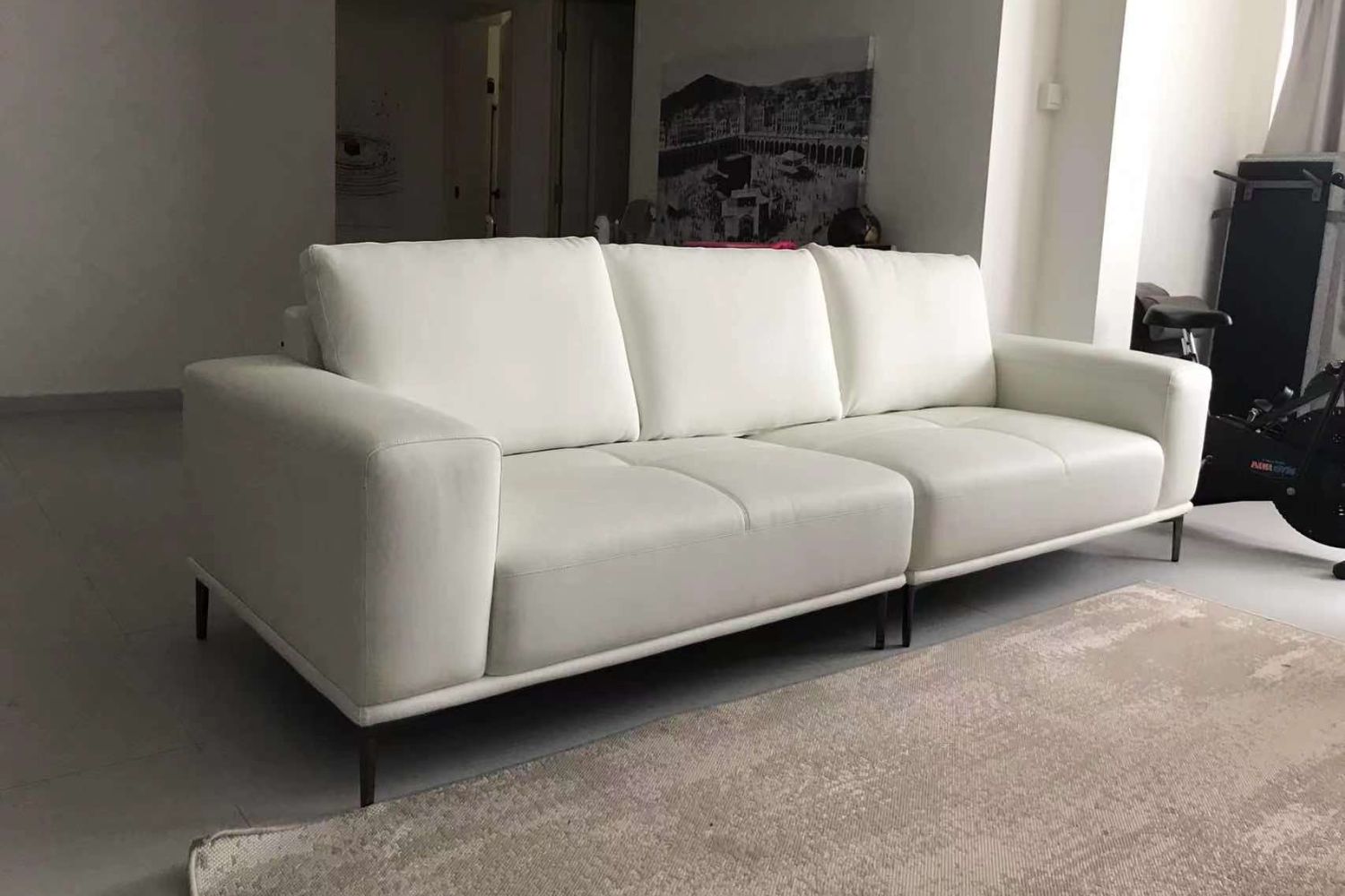 Calm 260cm white half leather sofa in customer's living room