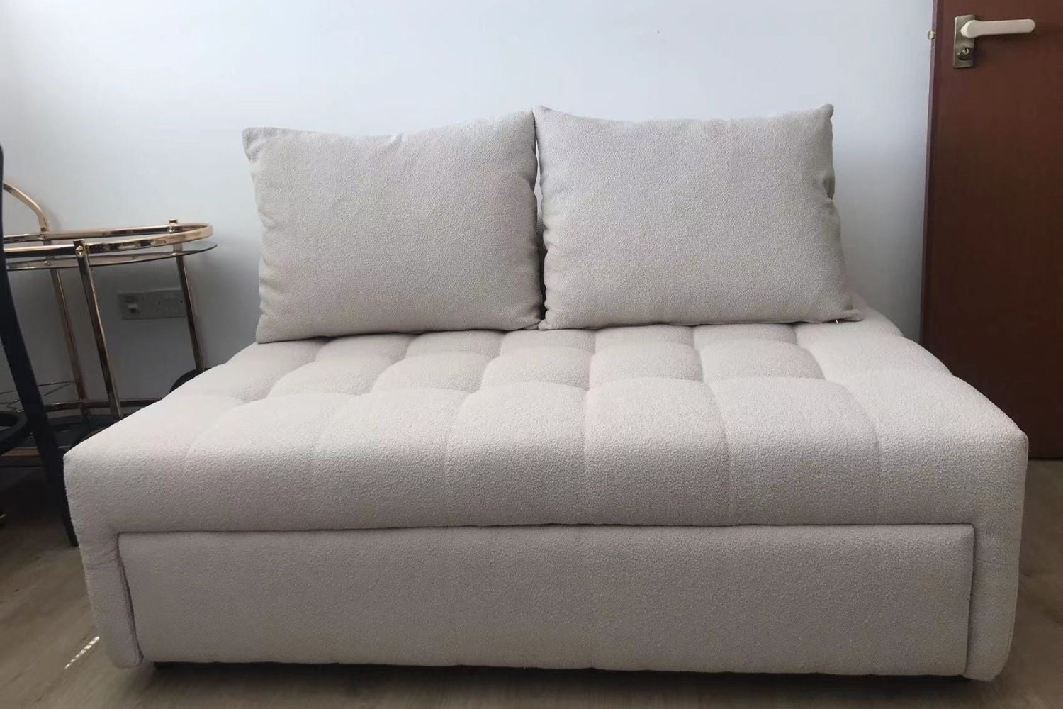 Candy 147cm beige boucle fabric sofa bed in real customer's home Jan 24