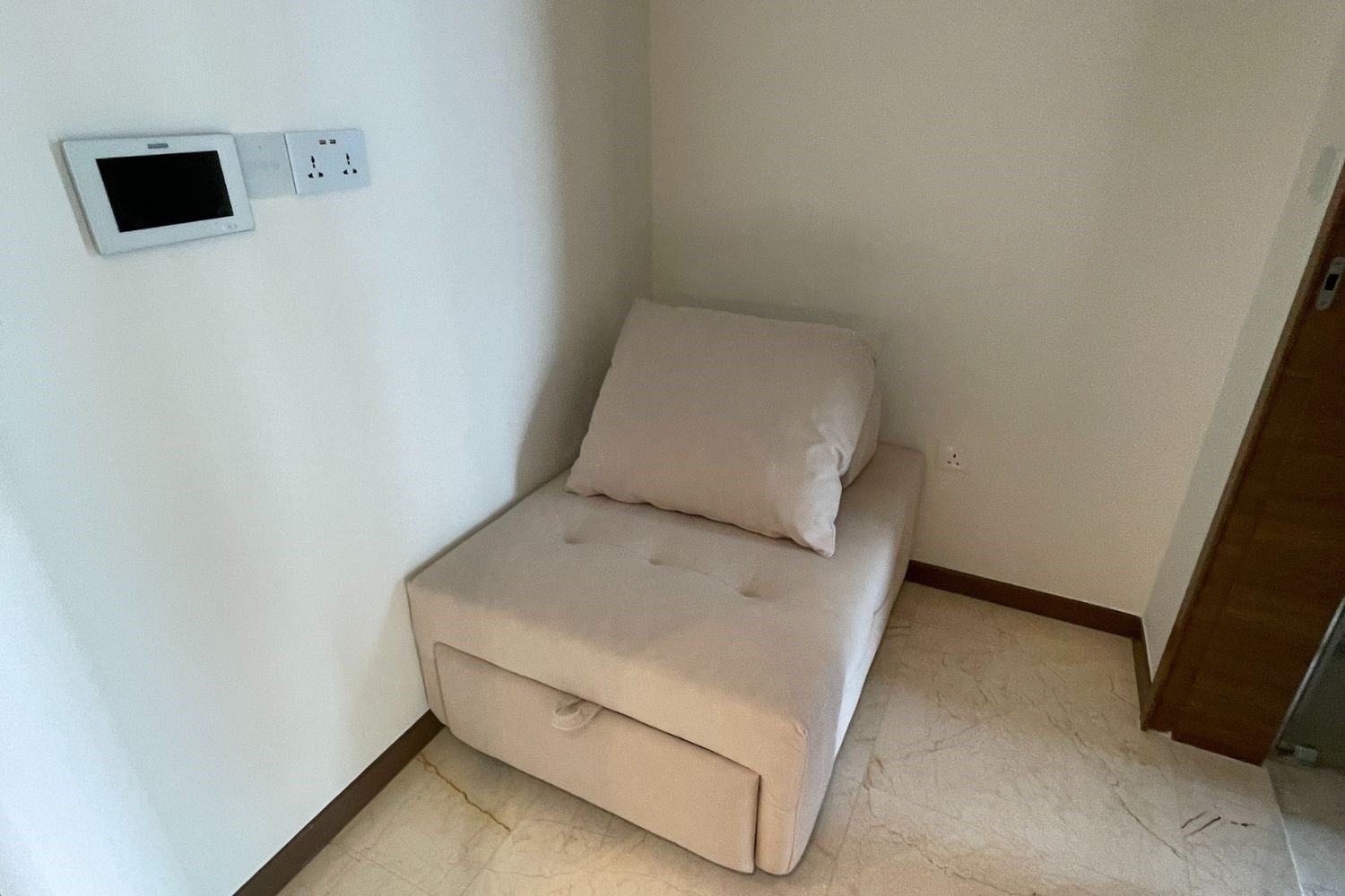 Candy 85cm beige pet friendly fabric sofa in customer's home