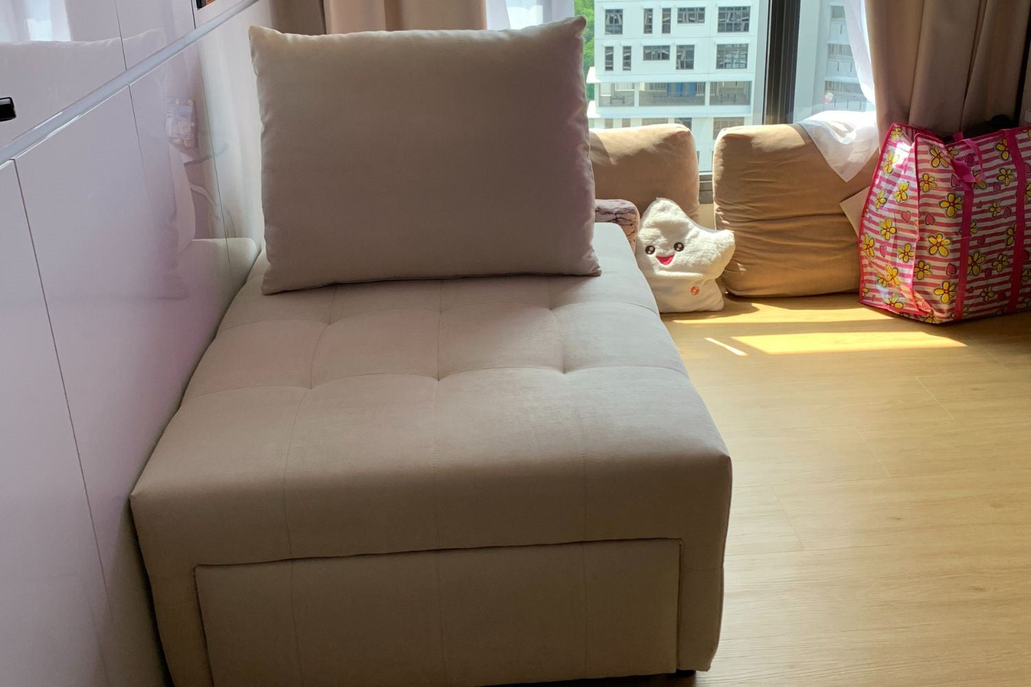 Candy 85cm beige fabric sofa bed in real customer's home