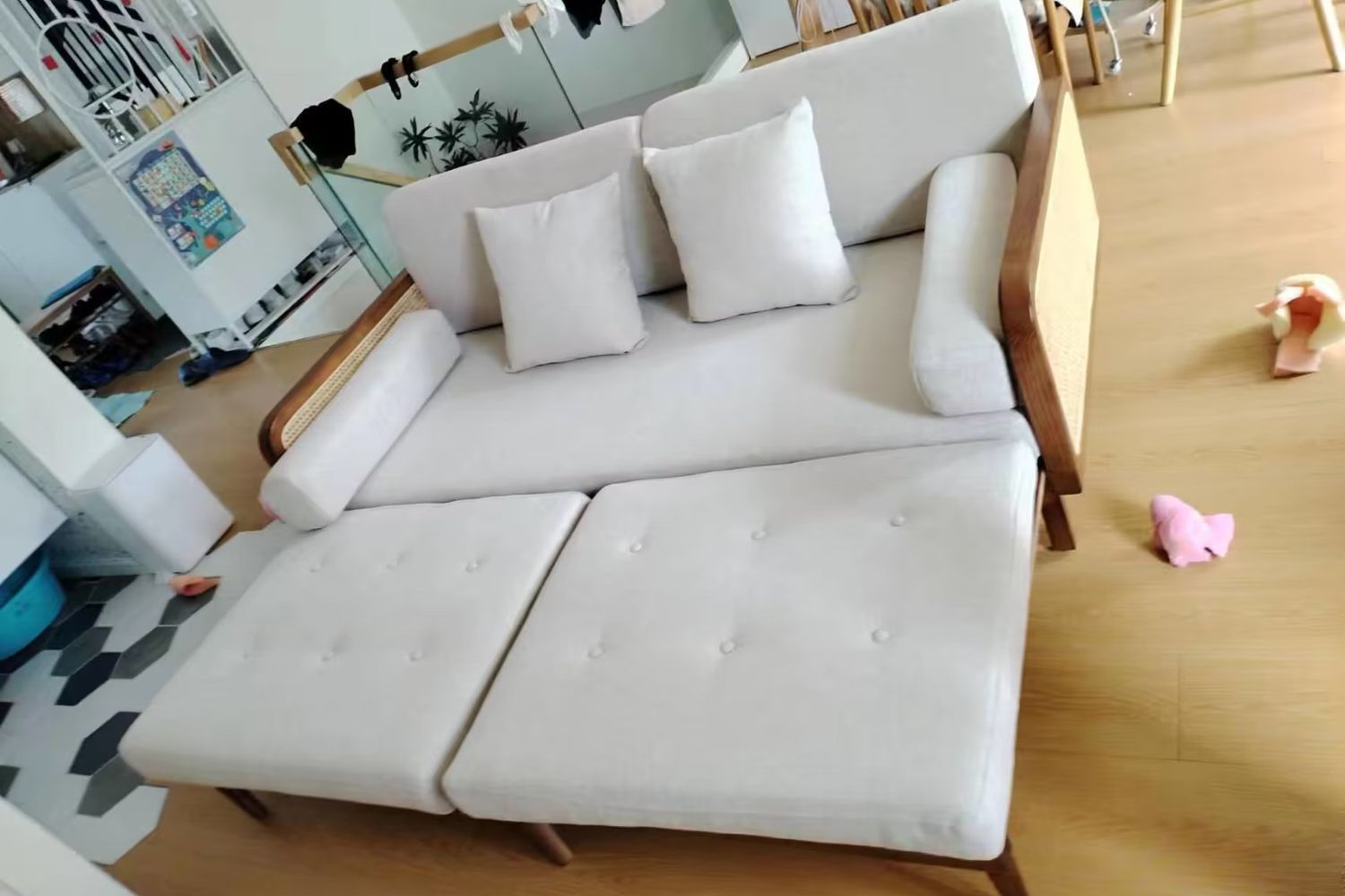 Cane fabric sofa bed in real customer's home