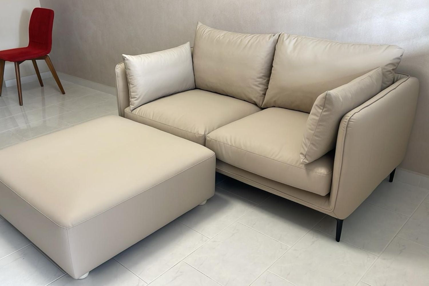 Casper 2 seater beige pet friendly vegan leather sofa with ottoman