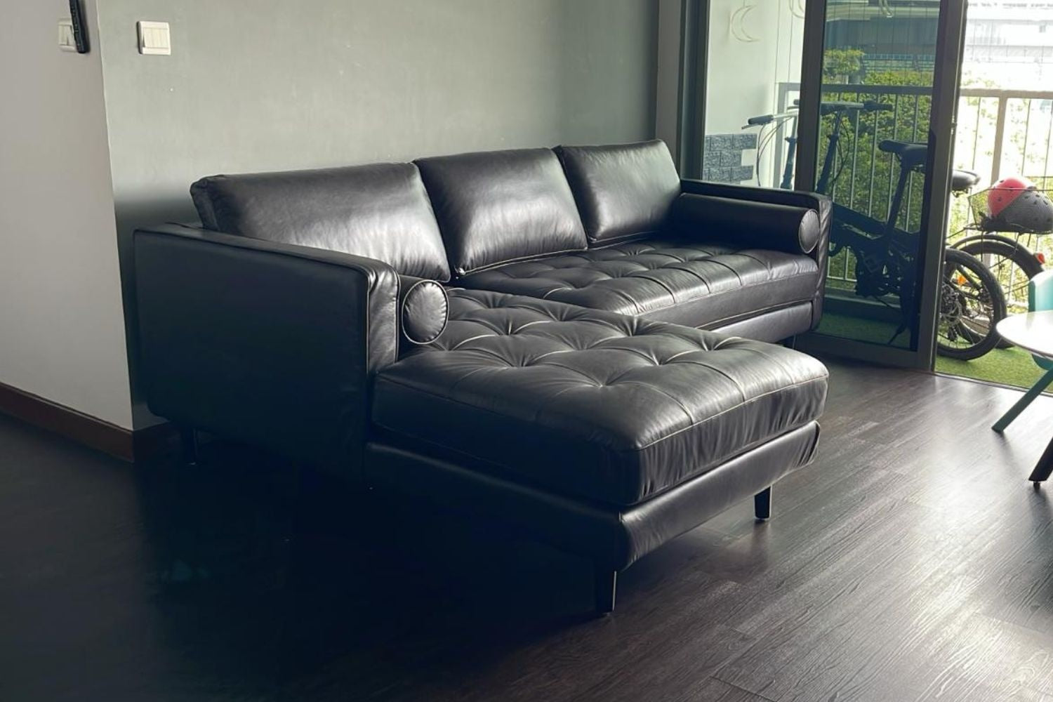 Castle 3 seater black faux leather L shape sectional sofa