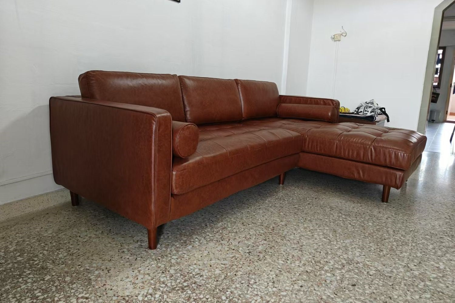 Castle 3 seater dark brown faux leather l shape sectional sofa