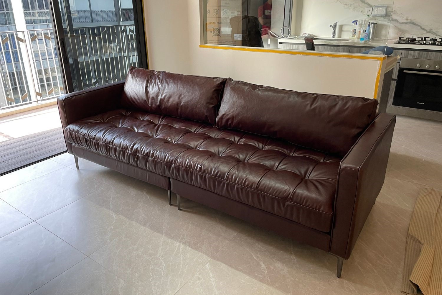 Castle 240cm dark brown full leather sofa in customer's home