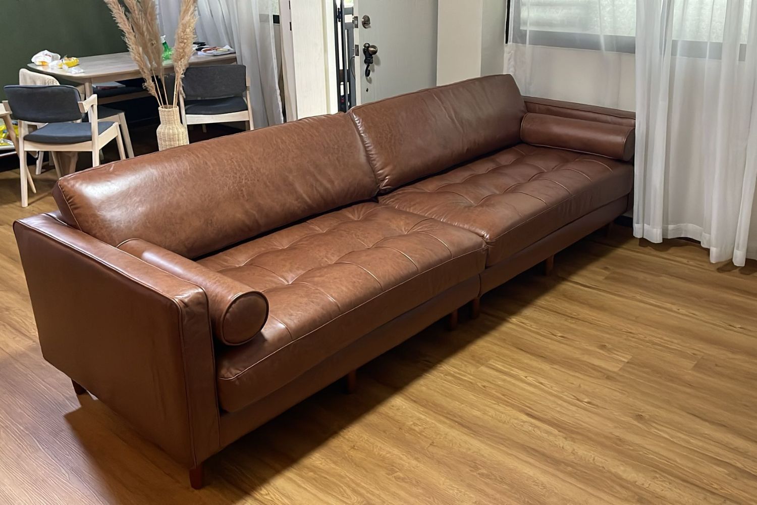 Castle 280cm faux leather 4 seater dark brown sofa