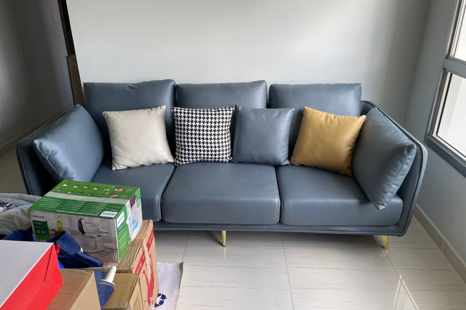 Chris 210cm blue leathaire sofa