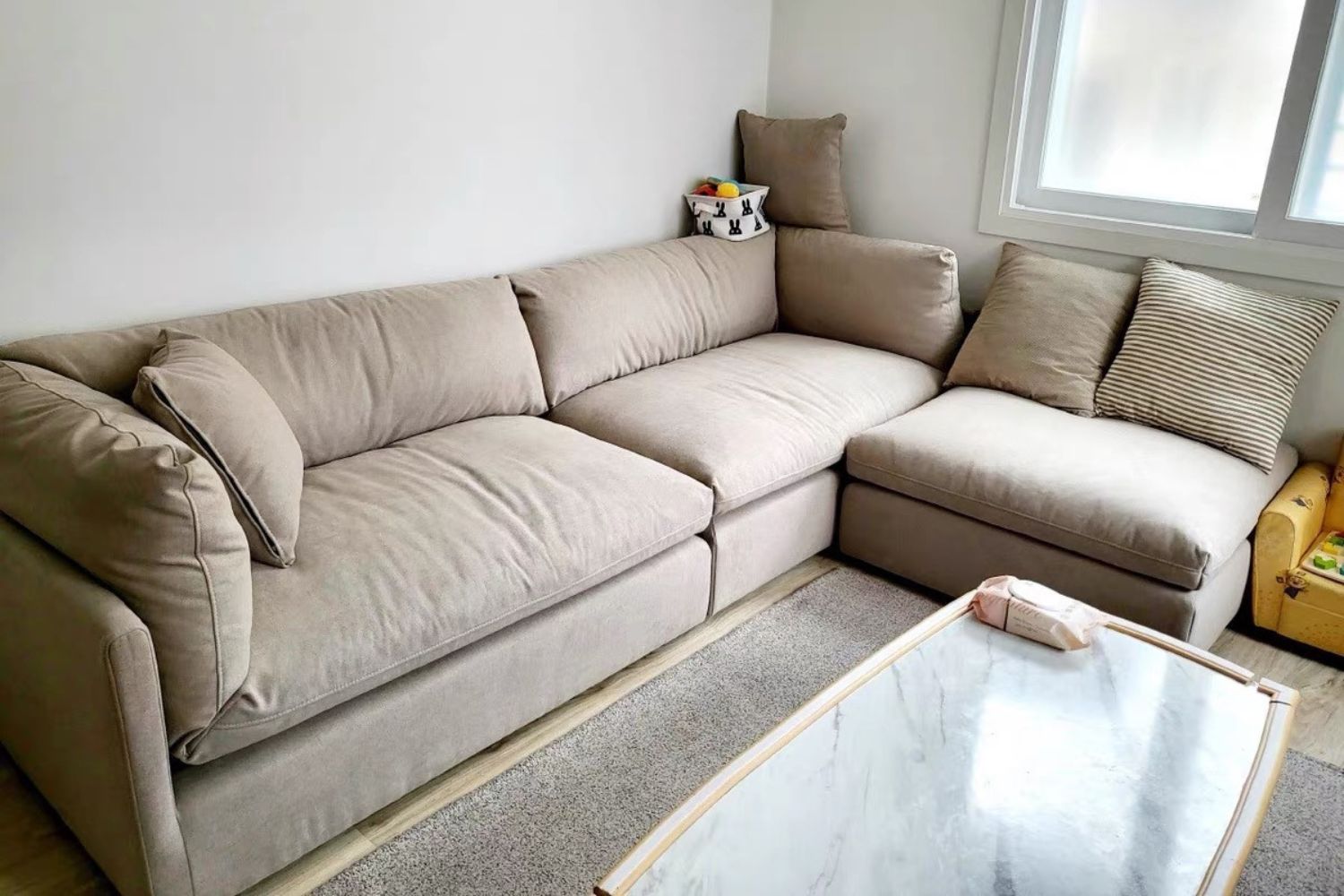 Clara 280cm brown fabric sofa + ottoman