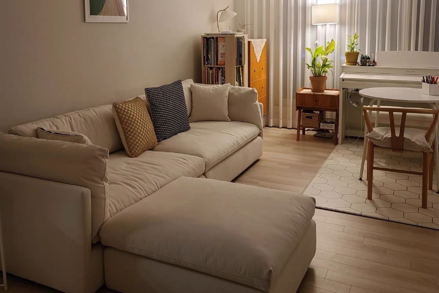 Clara 300cm beige fabric sofa with ottoman