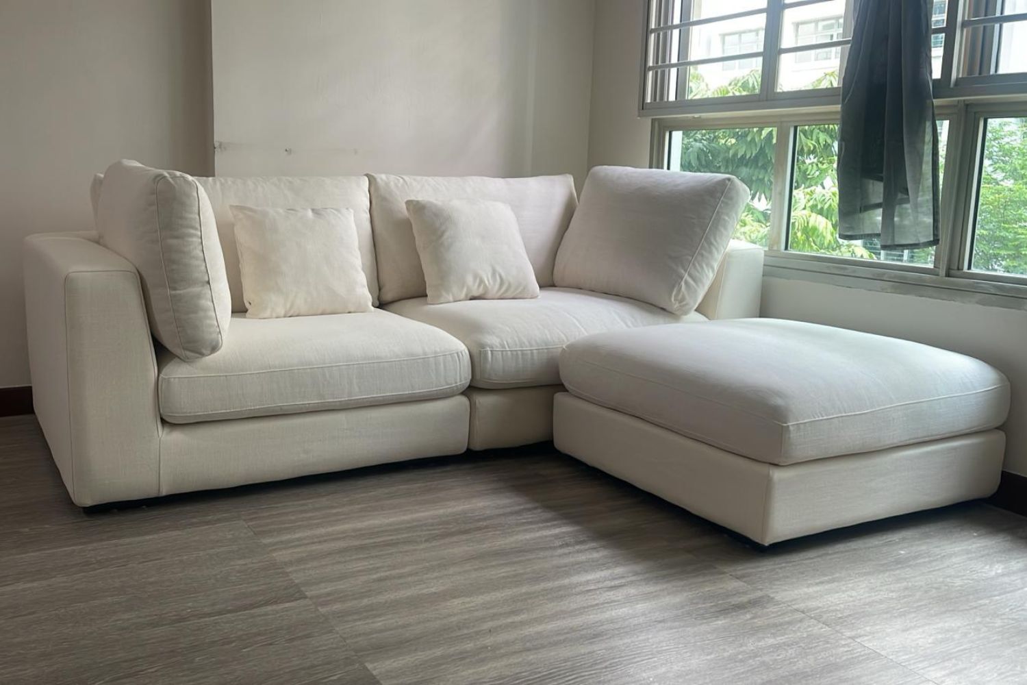 Claudia 210cm White Fabric Sofa + Ottoman Ashy | Oct 25
