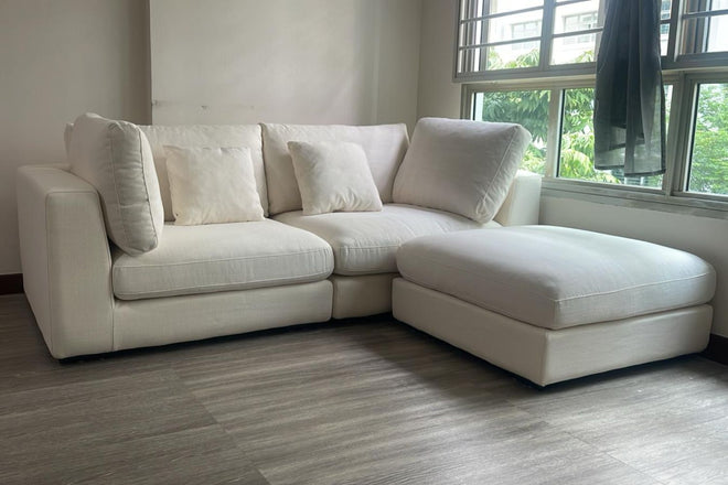 Claudia 210cm White Fabric Sofa + Ottoman Ashy | Oct 25