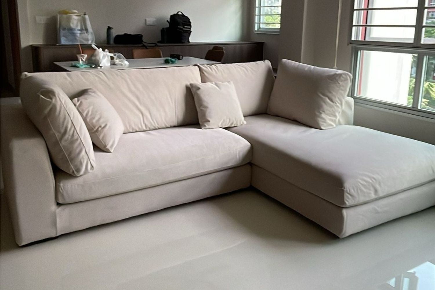 Claudia 3 seater beige pet friendly fabric L shape sectional sofa