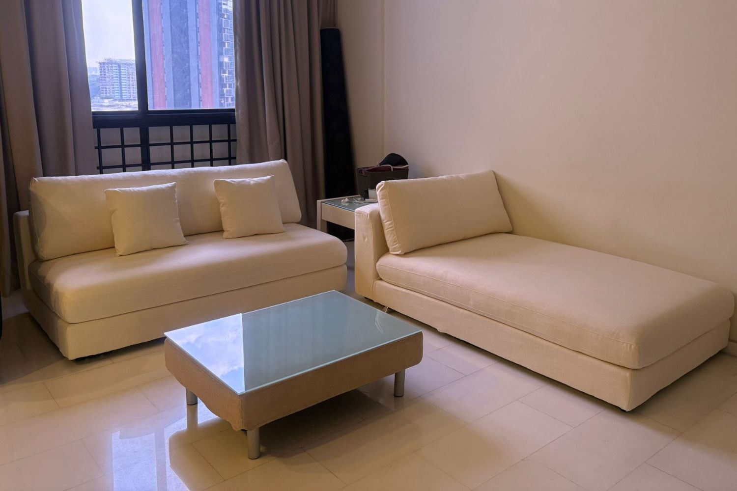 Claudia 4 seater white fabric armless L shape sectional sofa