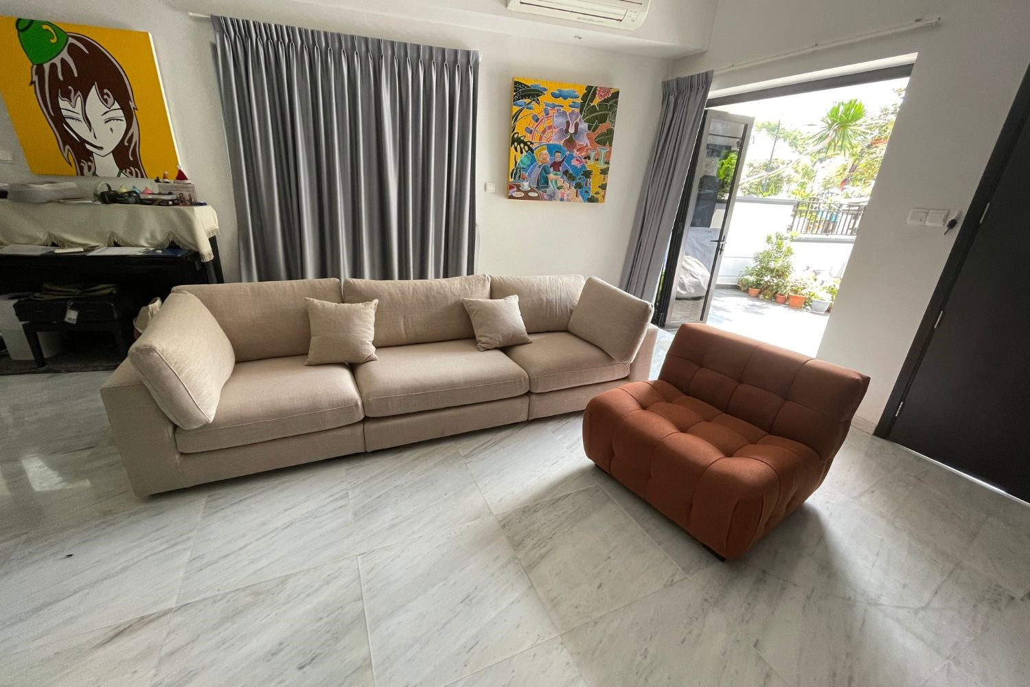 Claudia 300cm beige fabric sofa + Cosmo orange accent chair