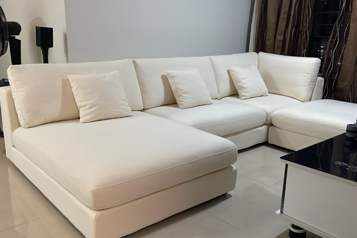 Claudia 5 seater L shape sectional sofa in white linen inspired fabric
