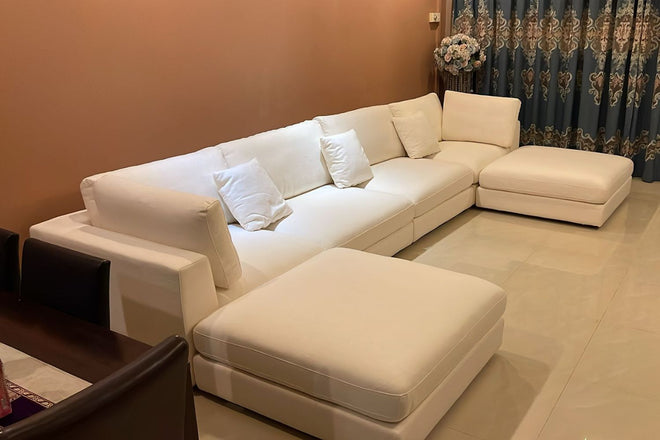 Claudia 400cm White Fabric Sofa with 2 Ottoman Zulfikar Buang | Feb 25