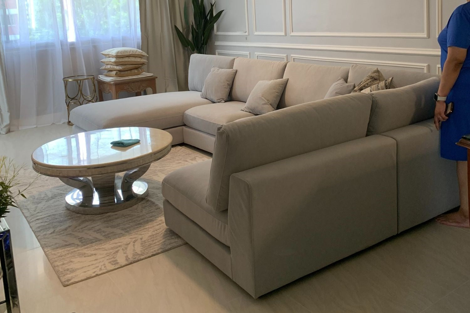 Claudia 360cm grey pet friendly U-shaped fabric sofa 