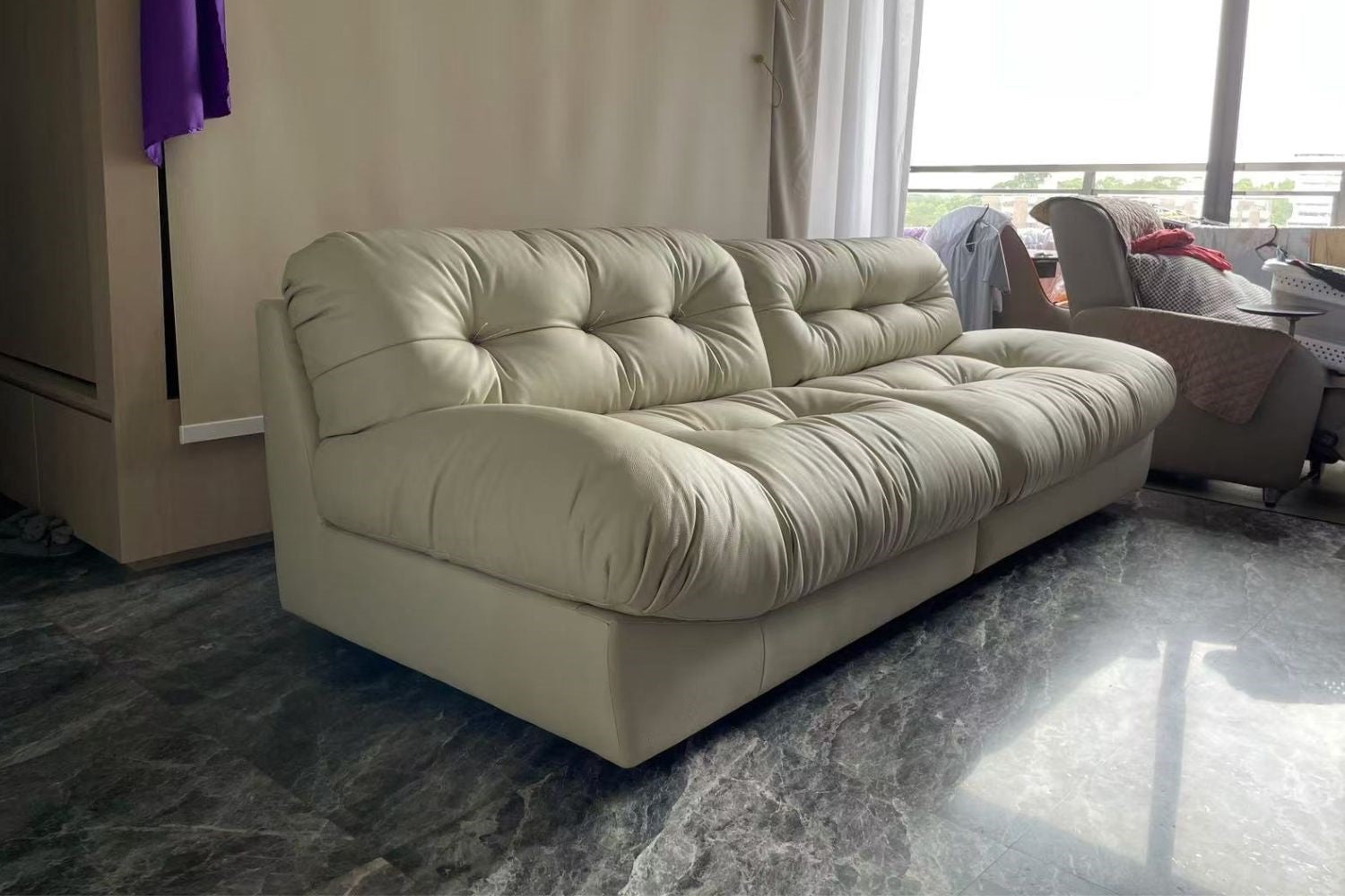 Clora 3 seater beige half leather sofa