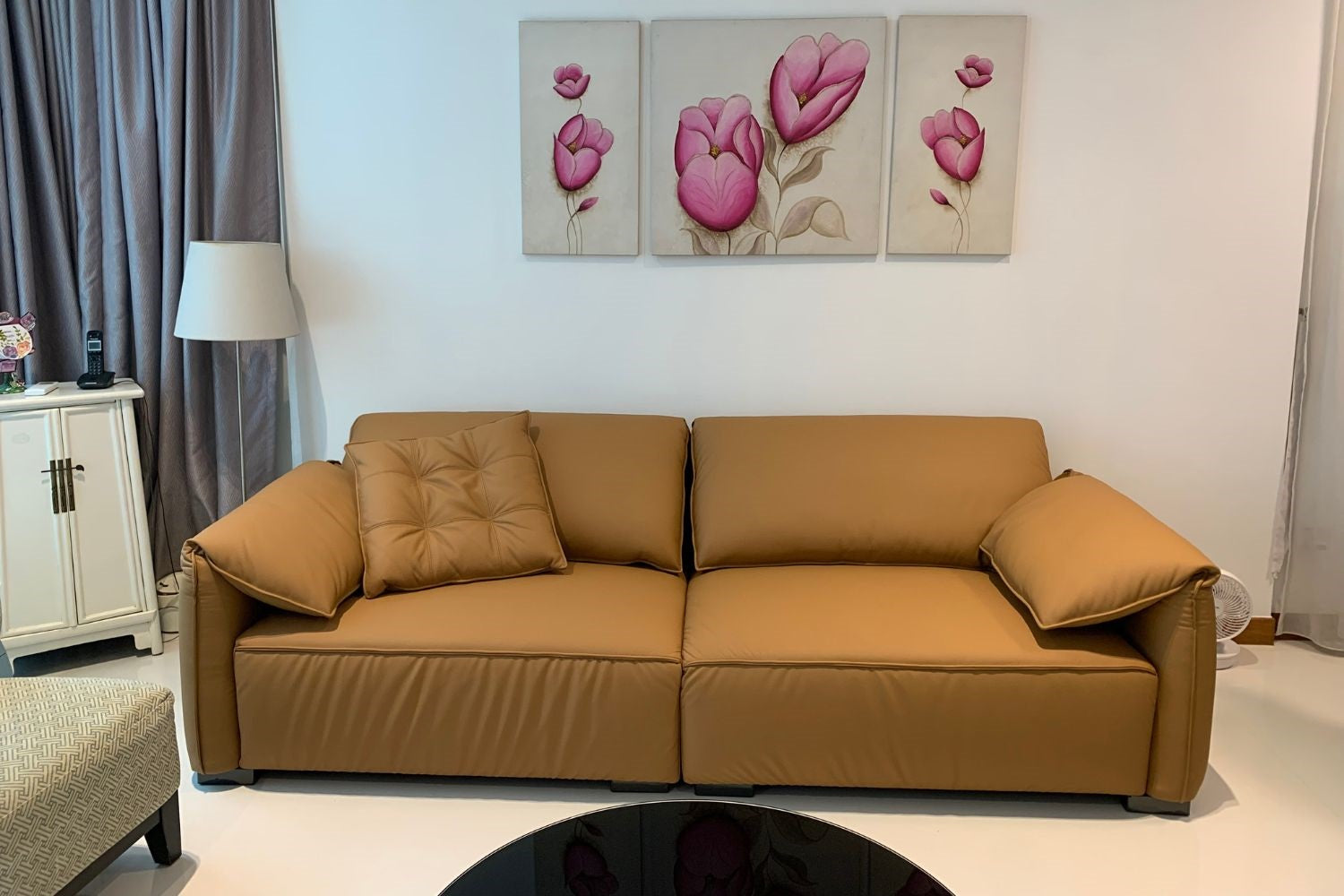 Comfy 260cm brown leather sofa in real customer homes
