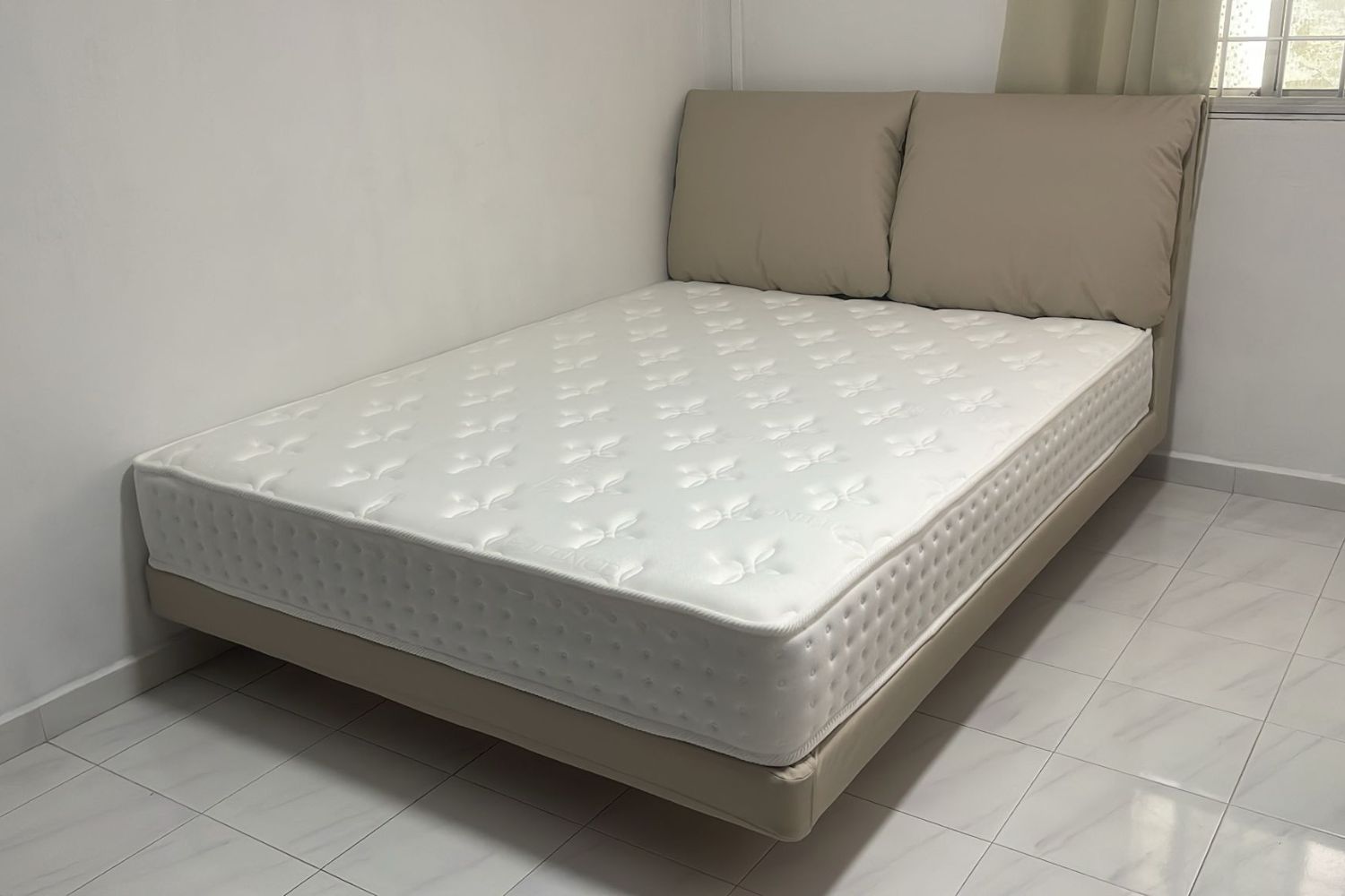 Comfy queen size beige faux leather bed frame