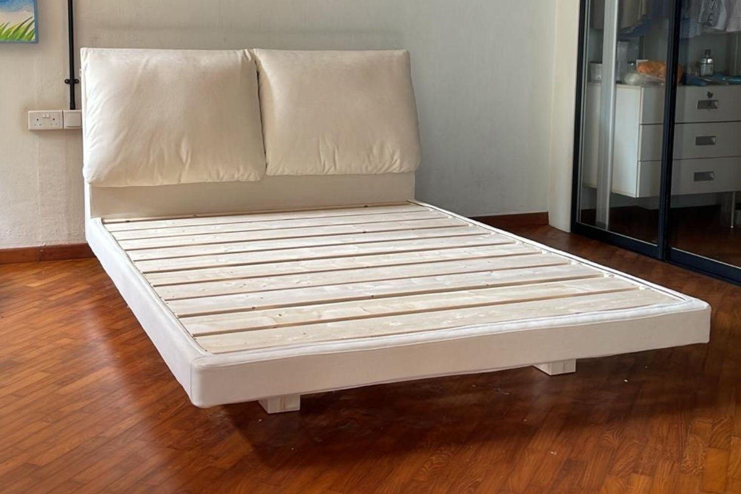 Comfy queen size white fabric bed frame