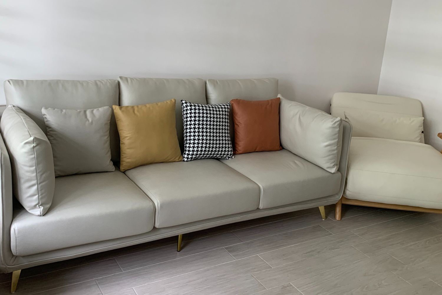 Corona 90cm white pet friendly fabric sofa bed and Chris 210cm white leathaire sofa in real customer homes