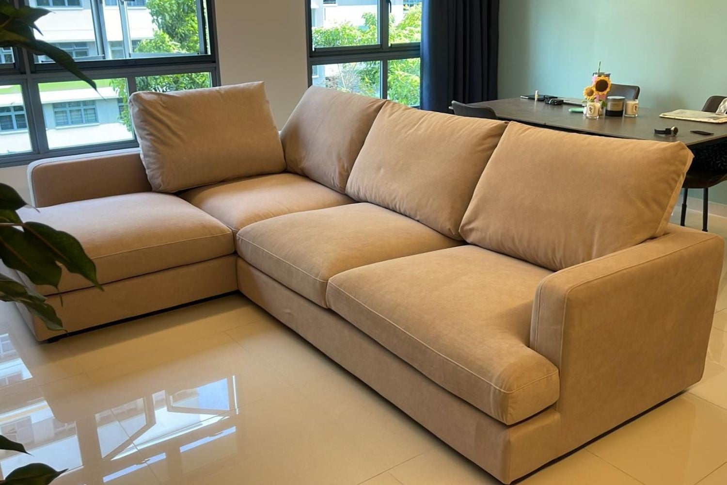 Crescent 4 seater brown pet friendly fabric L shape sectional sofa