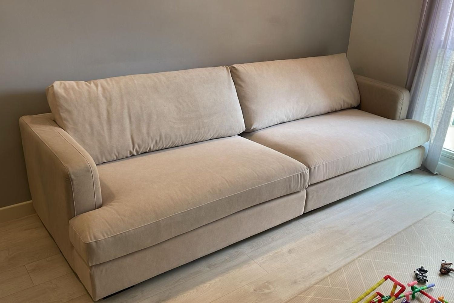 Crescent 4 seater beige pet friendly fabric sofa