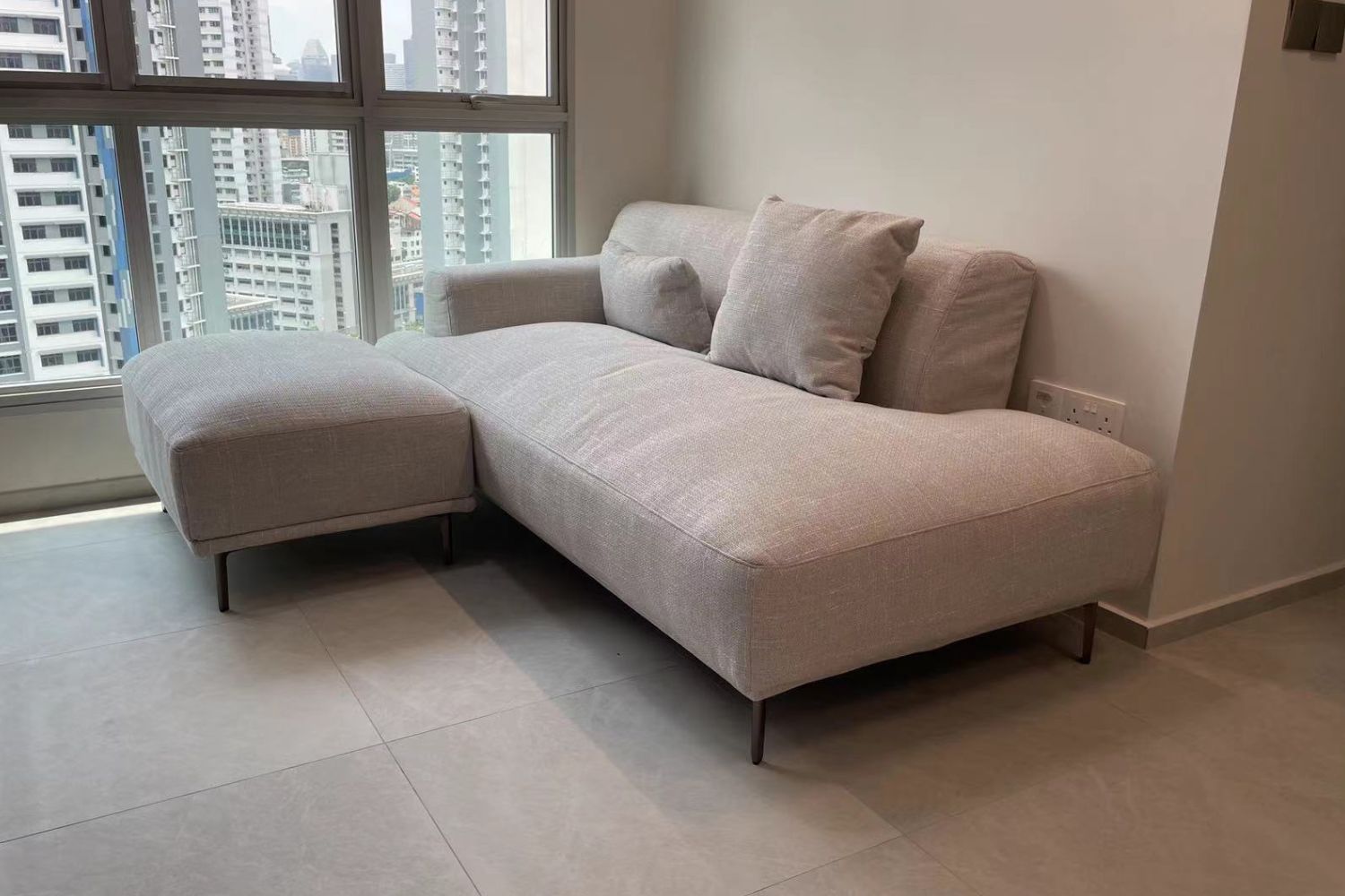 Crystal 2 seater grey fabric single arm sofa with ottoman  