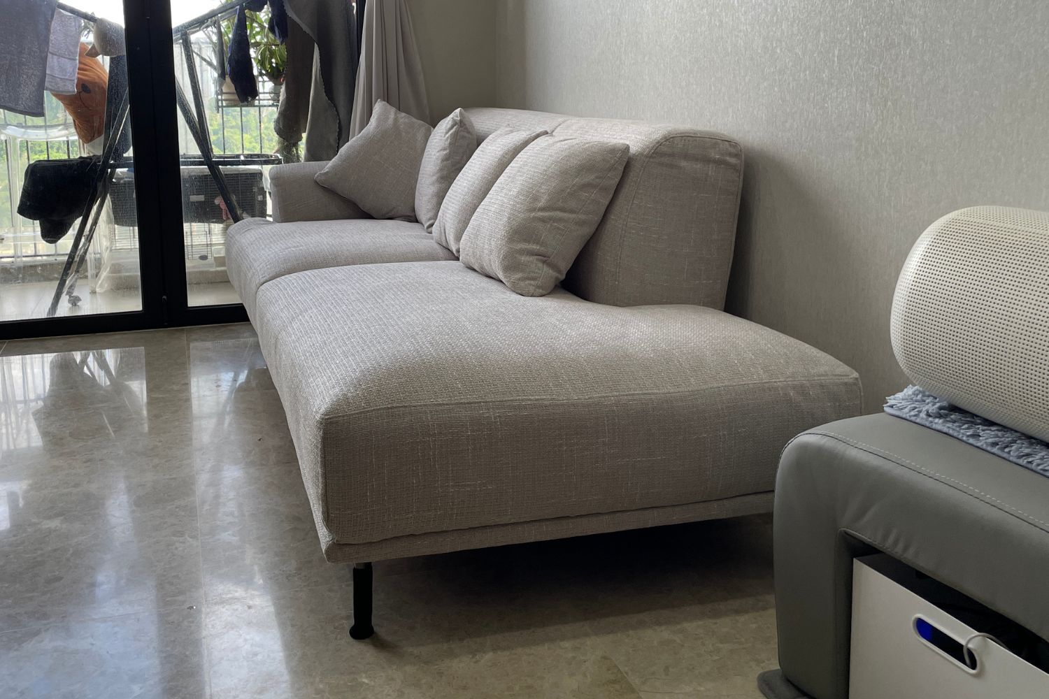 Crystal 3 seater grey fabric one arm sofa