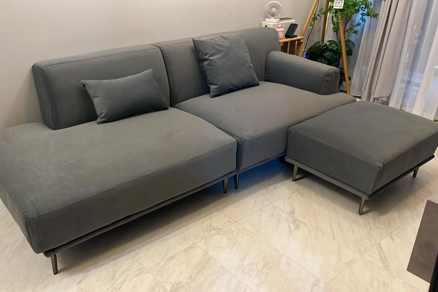 Crystal 3 seater grey fabric one arm sofa with ottoman 