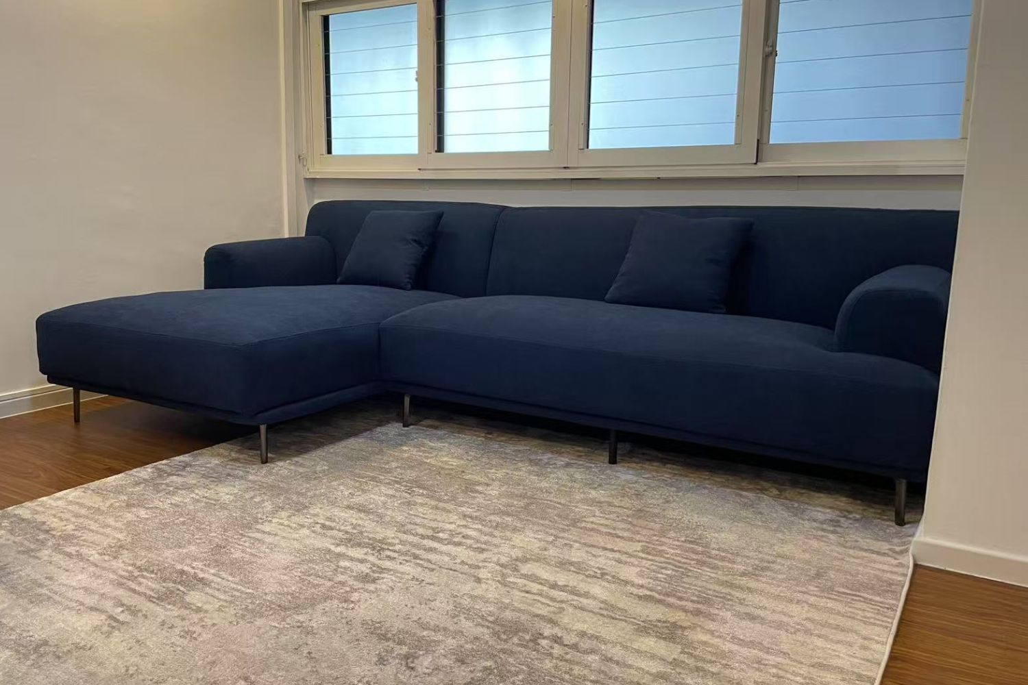 Crystal 4 seater blue fabric L shape sectional sofa