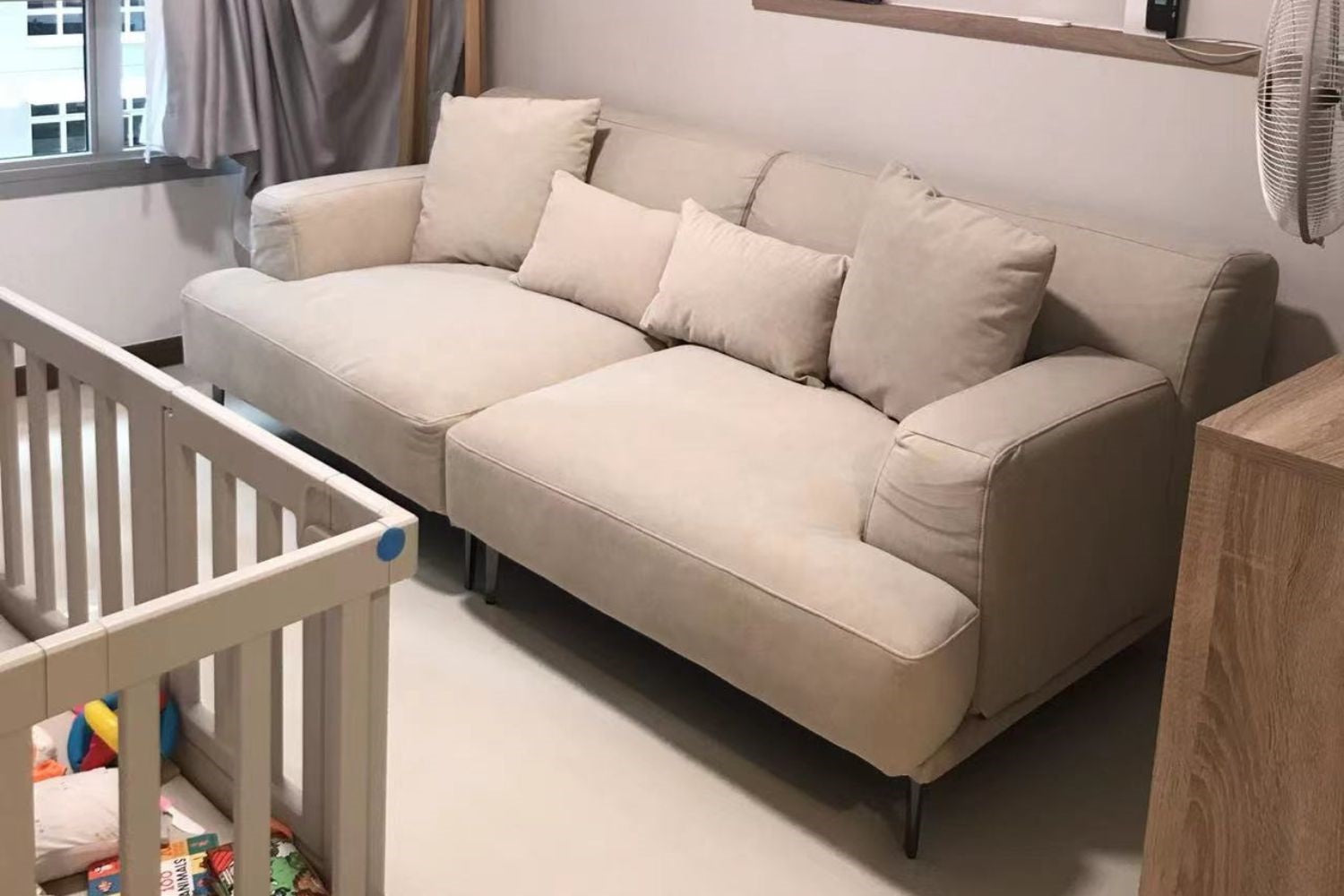 Crystal 210cm beige fabric sofa bed in customer's home
