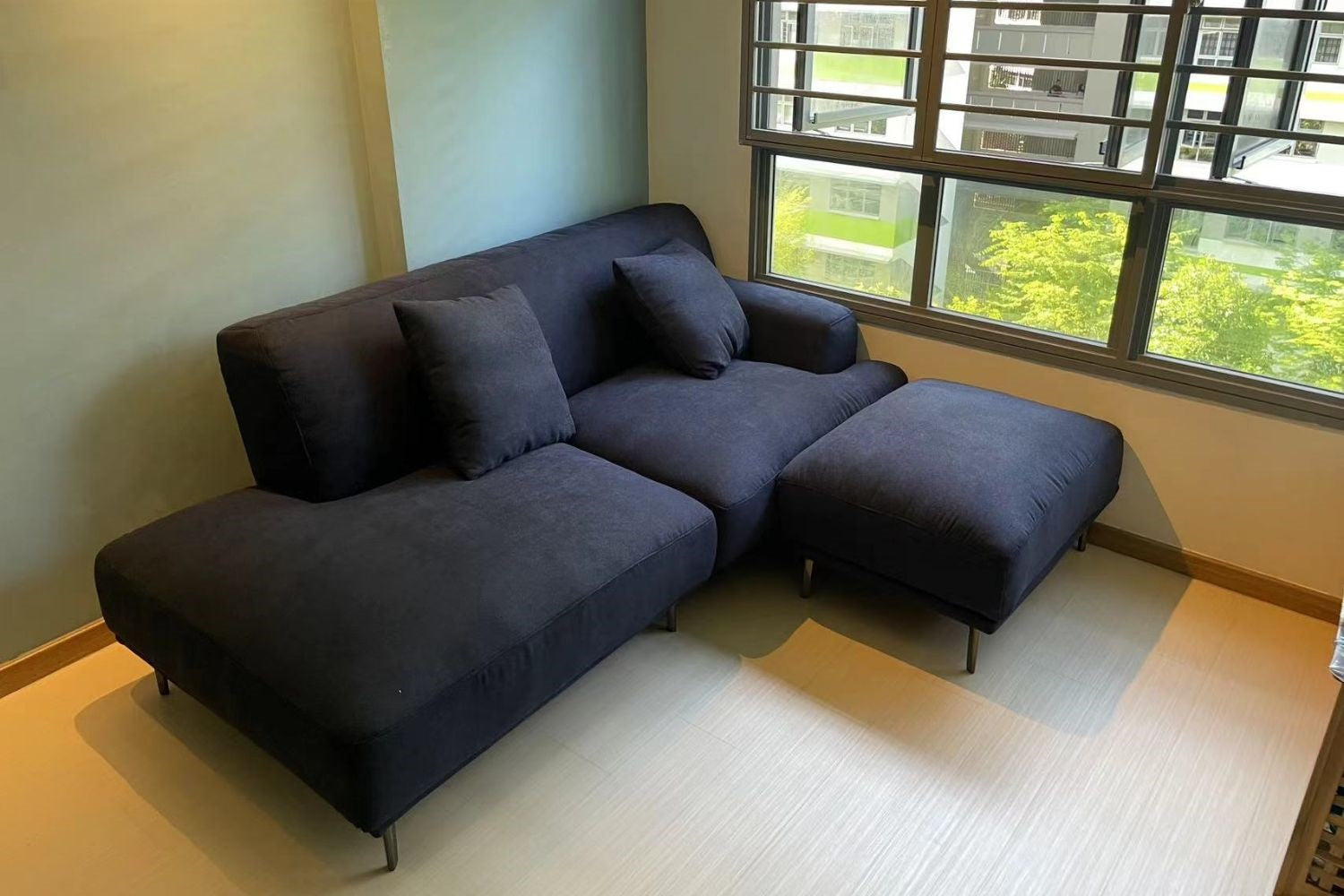 Crystal 200cm blue fabric one arm sofa with matching ottoman