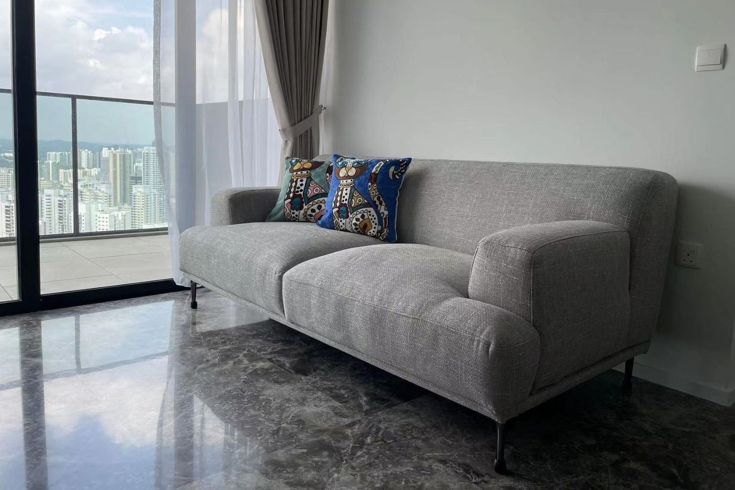 Crystal 195cm grey fabric sofa in customer's home