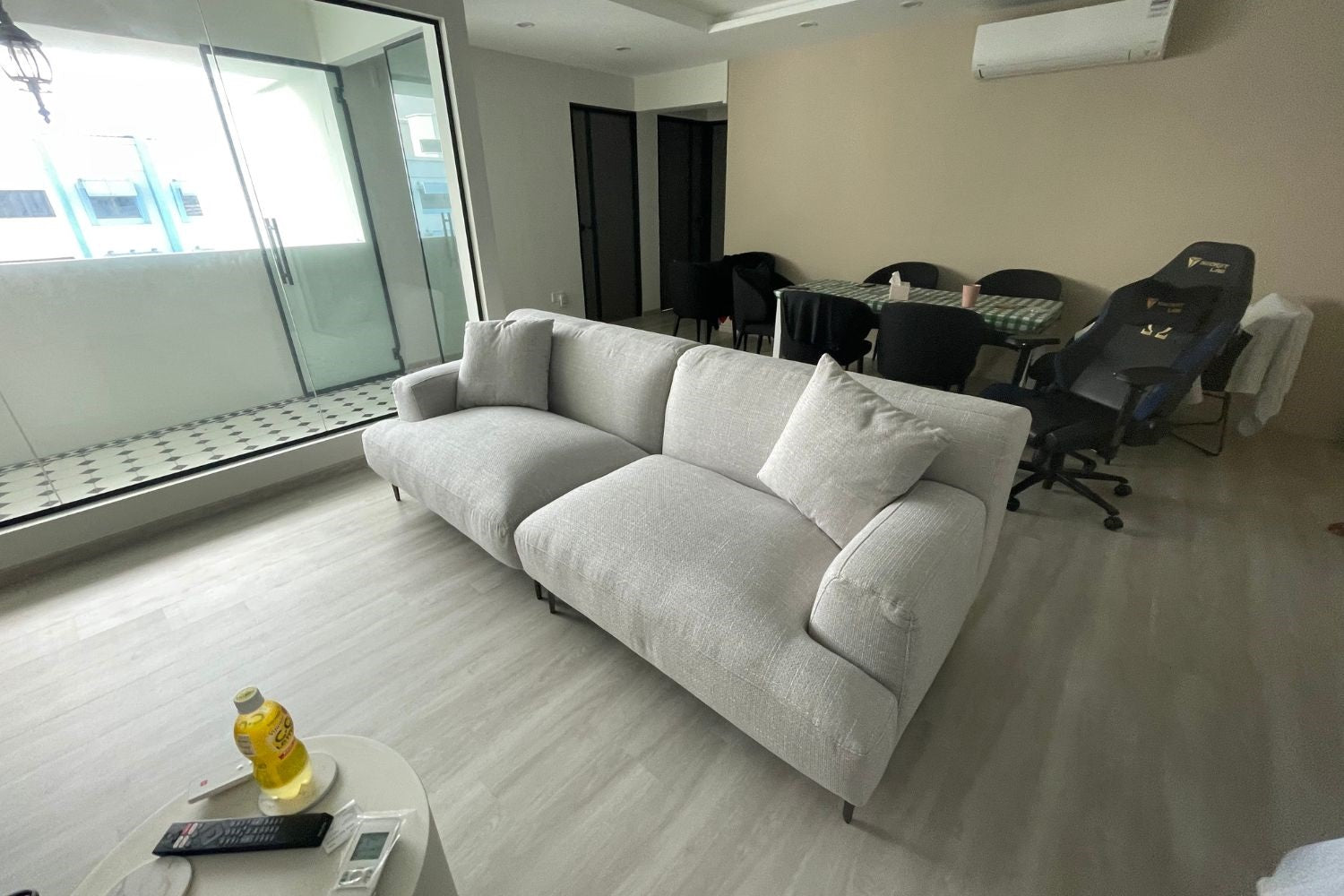 Crystal 240cm grey fabric sofa in real customer homes