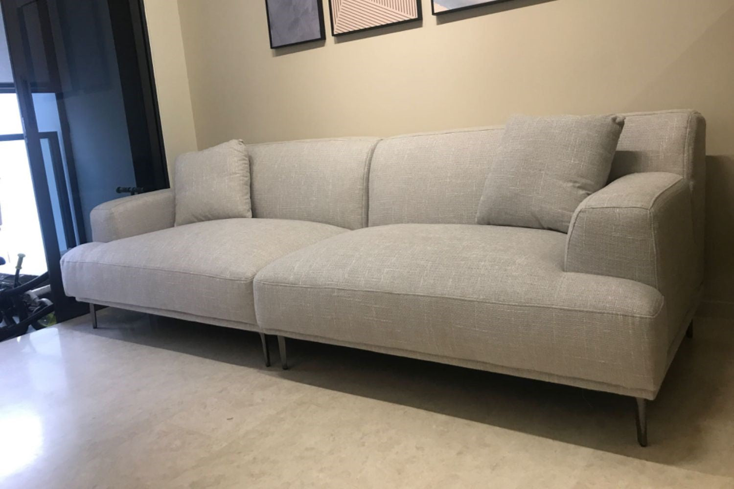 Crystal 260cm grey fabric sofa in customer's home