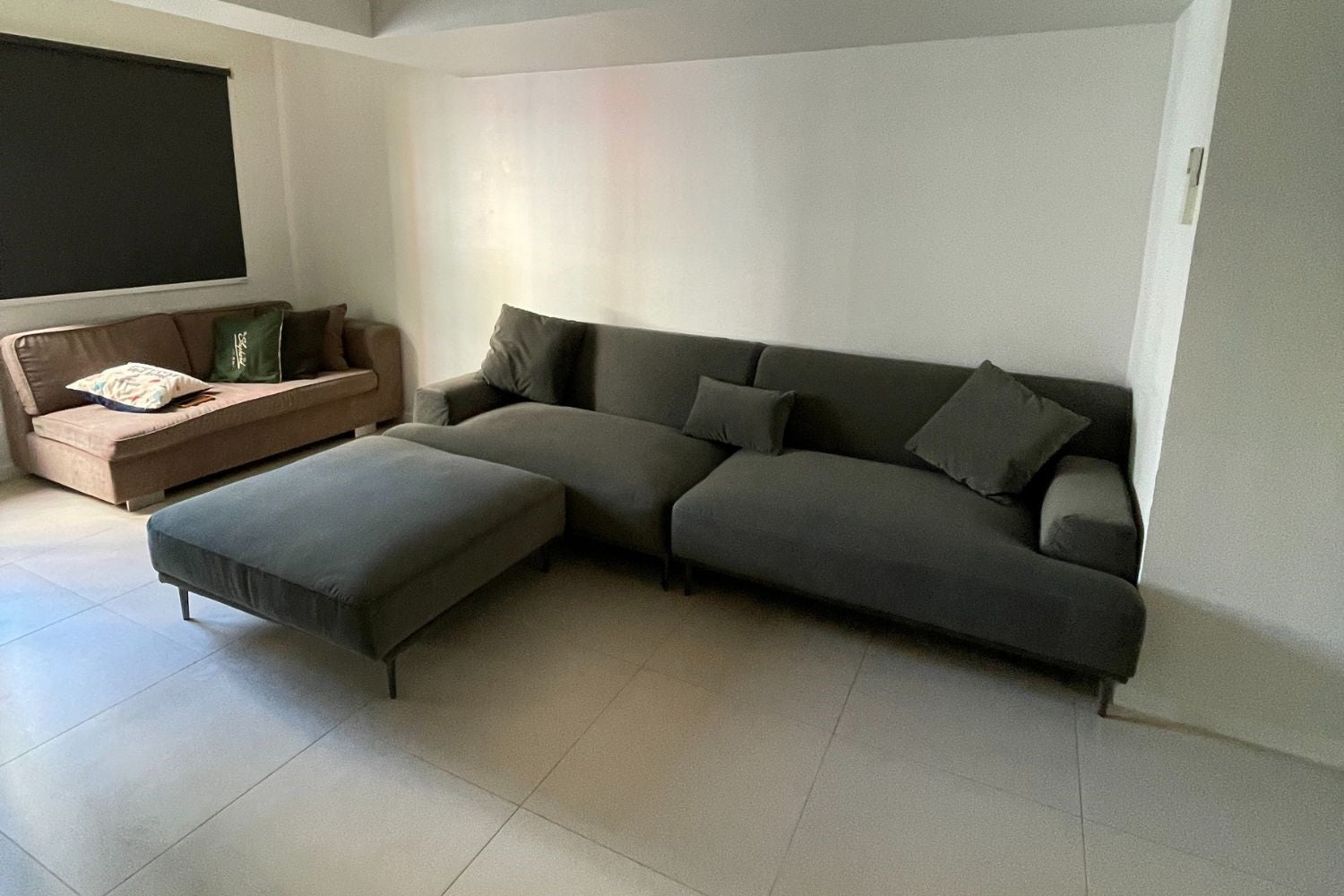 Crystal 280cm greyish green fabric sofa with matching ottoman