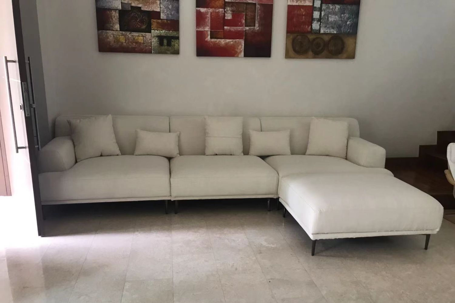 Large 330cm Crystal white fabric sofa + ottoman in customer's living room