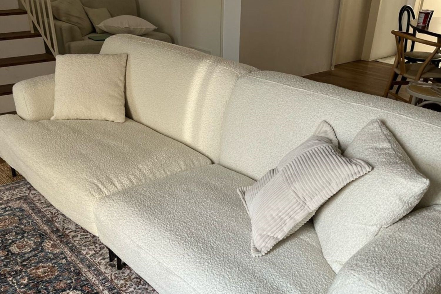 Crystal 260cm white boucle fabric sofa in customer's home