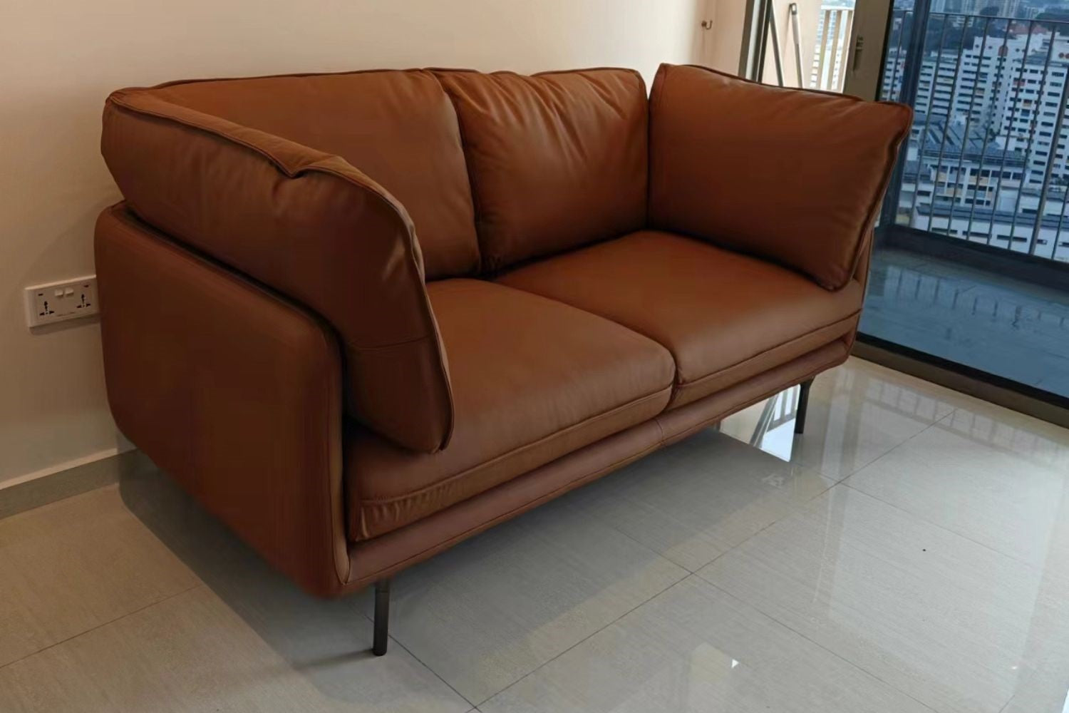 Cuddle 170cm brown full leather sofa with high backrest cushions