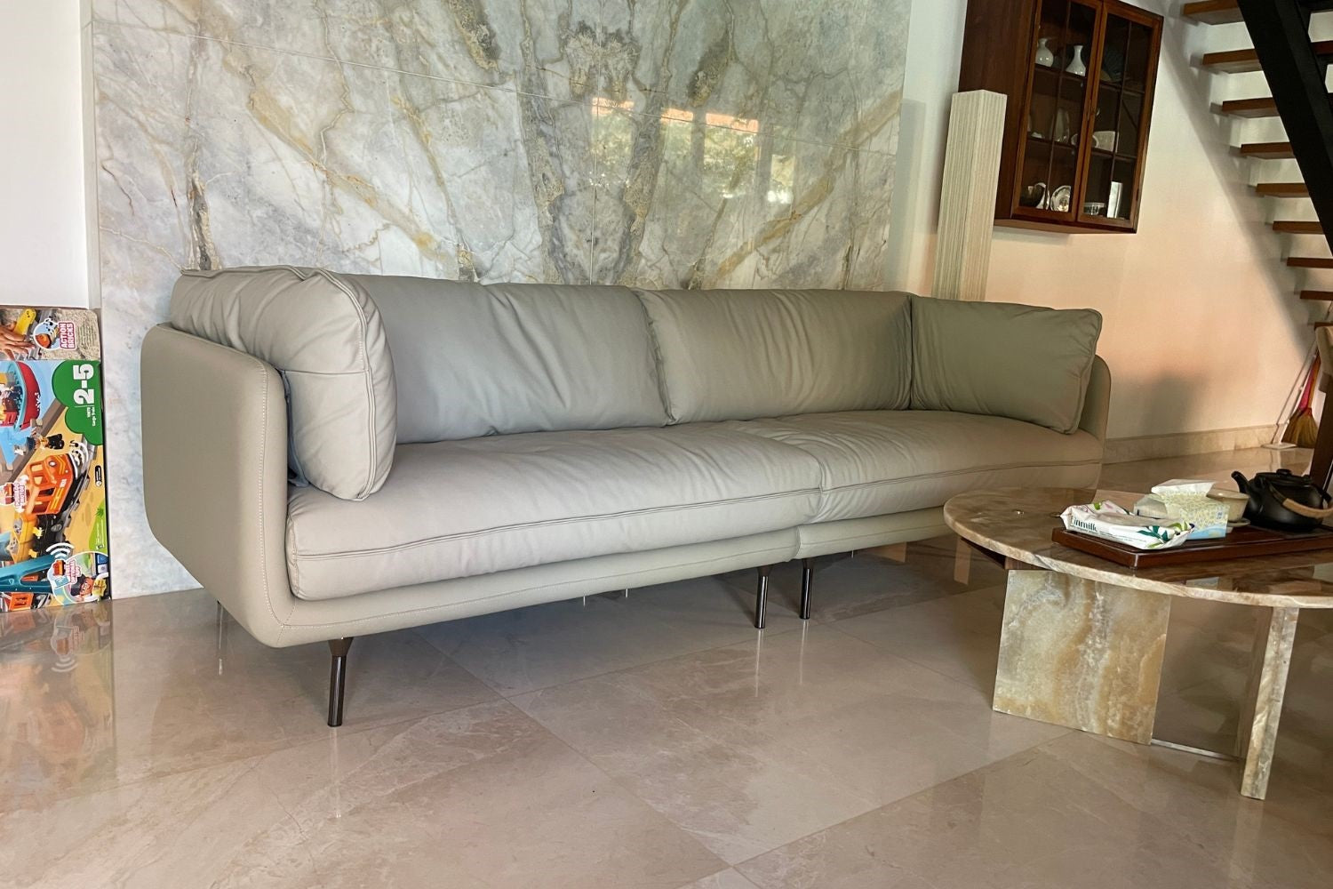 Cuddle 260cm light grey half leather sofa in real homes