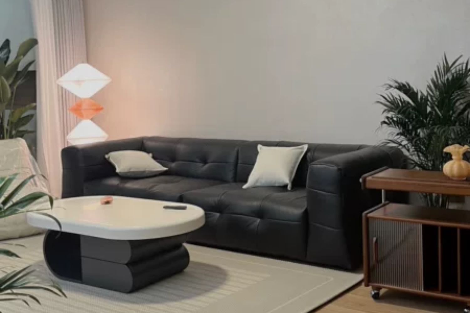 Cutey black leather sofa in customer's home