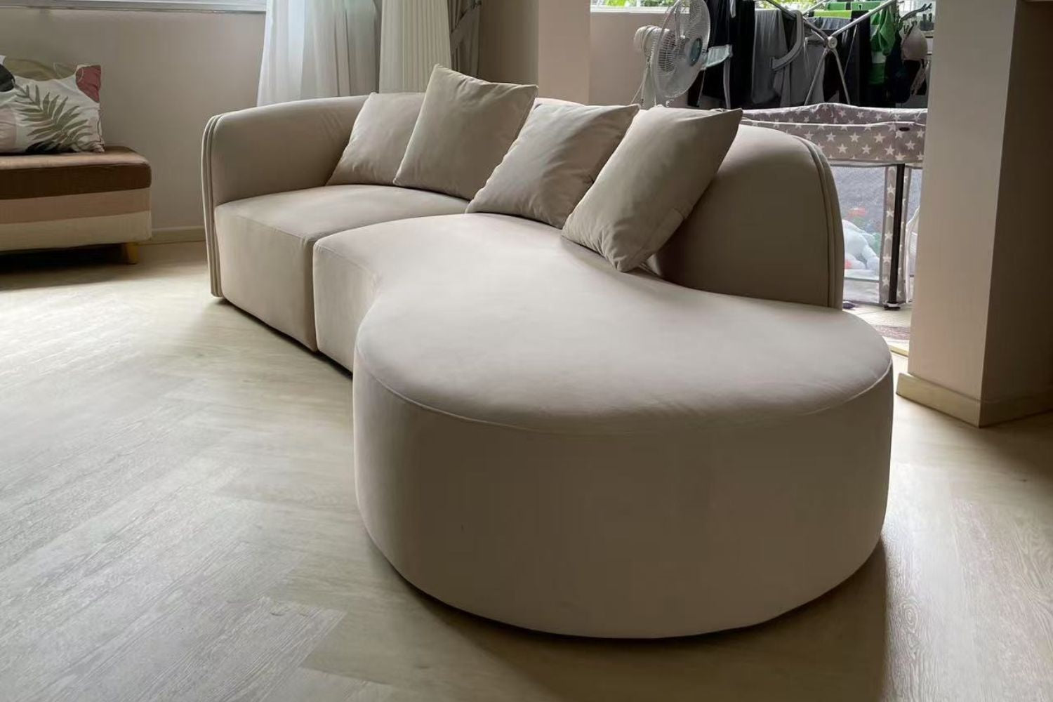 Cynthia 4 seater beige pet friendly fabric one arm sofa