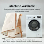 Machine washable cover on a chair next to a washing machine with text about washing instructions.