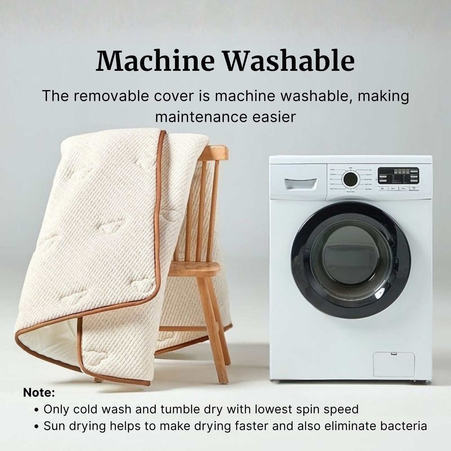 Machine washable cover on a chair next to a washing machine with text about washing instructions.