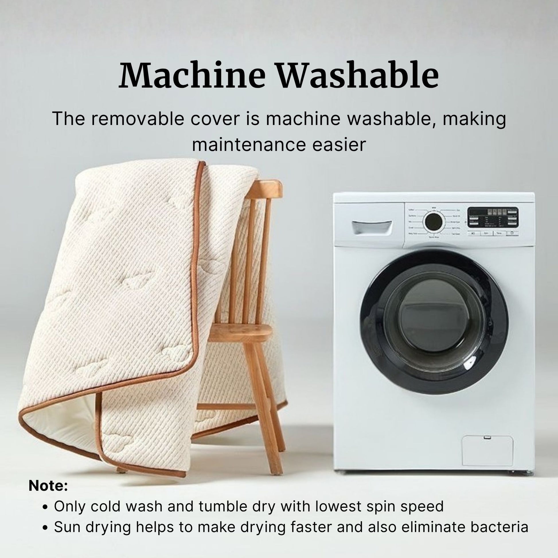 Machine washable cover on a chair next to a washing machine with text about washing instructions.