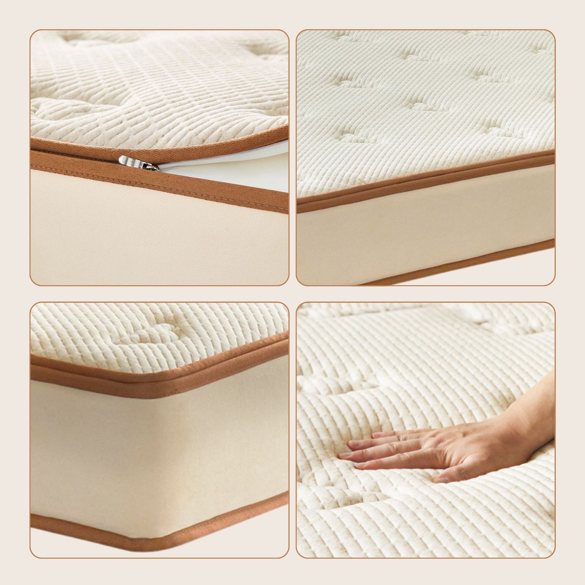 Collage of a mattress cover with close-up details and a hand touching it.